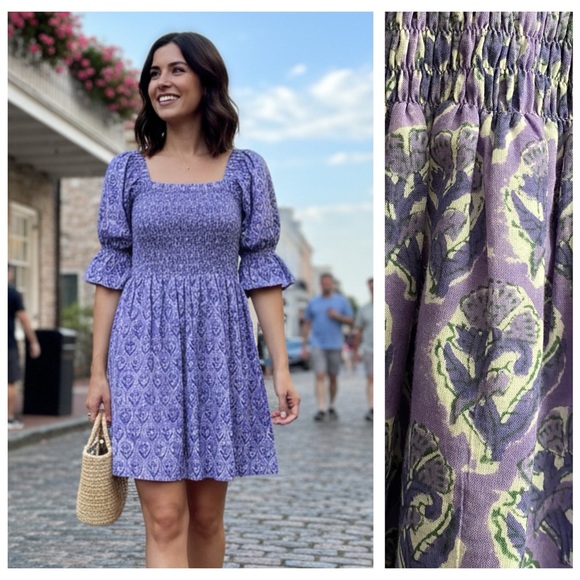 Lilbelle Smocked Purple Floral Block Print Puff Sleeve Mini Dress OS - Picture 1 of 15